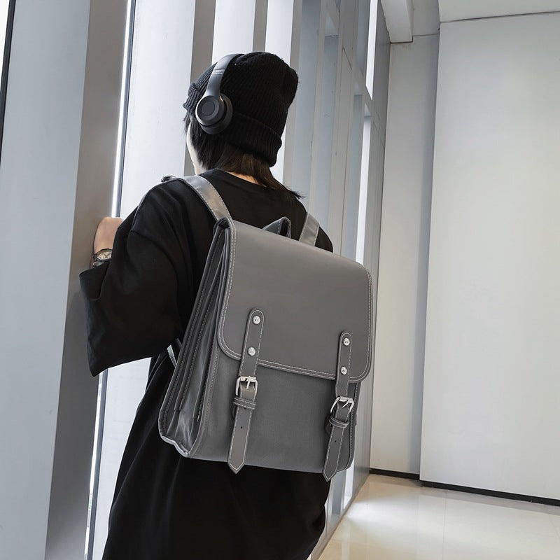Solid-color Motorcycle-style Buckle Laptop Everyday Business Backpack