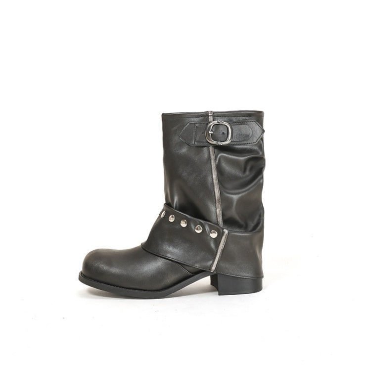 Women's Rivet Pleated Slouch Boots Martin