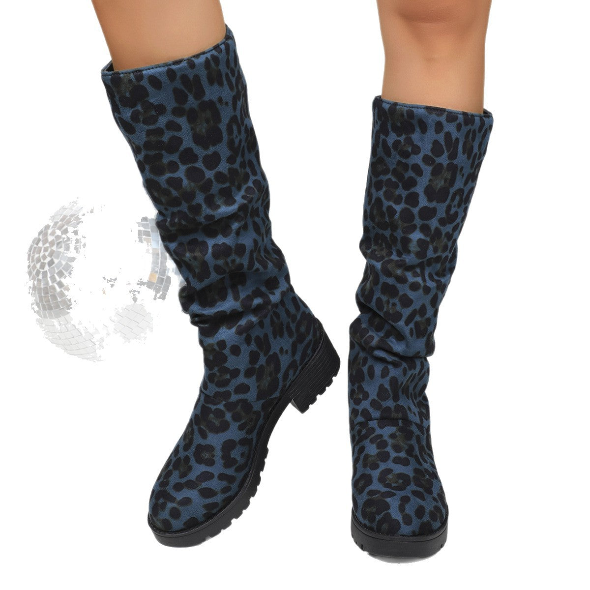 Leopard-print Suede Block-heeled Versatile Pleated Booties