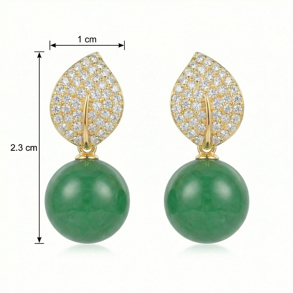 925 Sterling Silver Elegant Nature-Inspired Leaf Pave Accents and Green Jade Spherical Drop Earrings