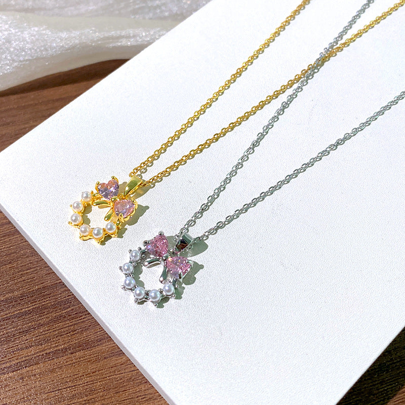 Womens Titanium Steel Necklace With Pink Diamond-Inlaid Bow And Pearl Combinations