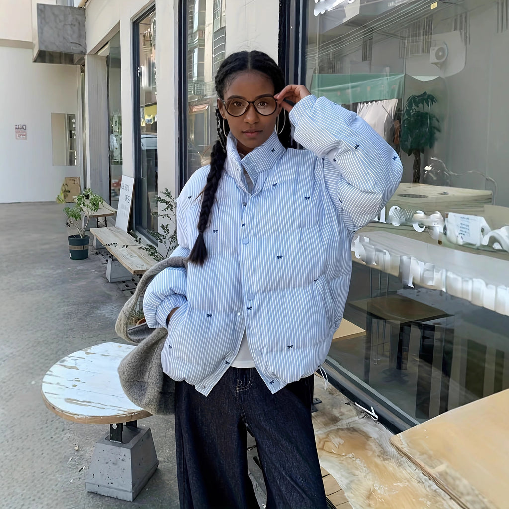 Striped Bow Coat Women's Thick Warm Long Sleeve