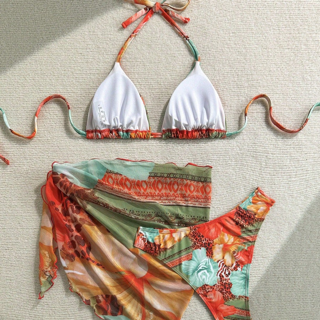 European And American-style Three-Piece Apron Bikini Flower-Printed Lace-Up Womens Swimsuit