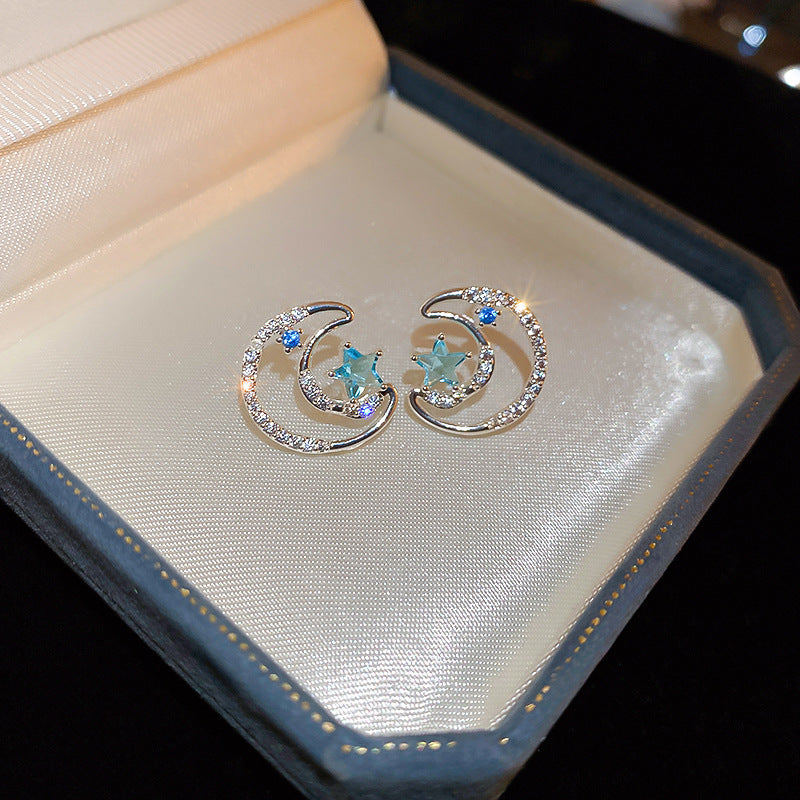 Moon Star Stud Earrings For Women Blue Zircon Crystal Earrings 925 Sterling Silver Needle Cute Celestial Jewelry