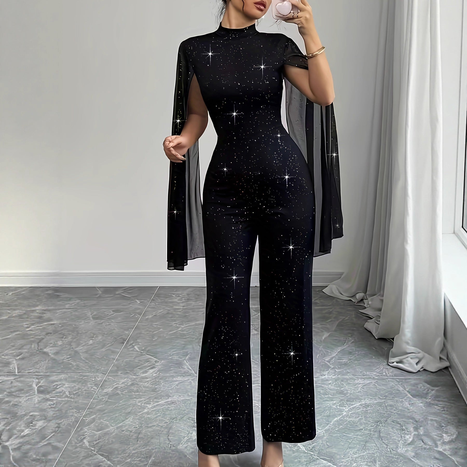 Round Neck Chiffon Lantern Sleeve Patchwork Jumpsuit