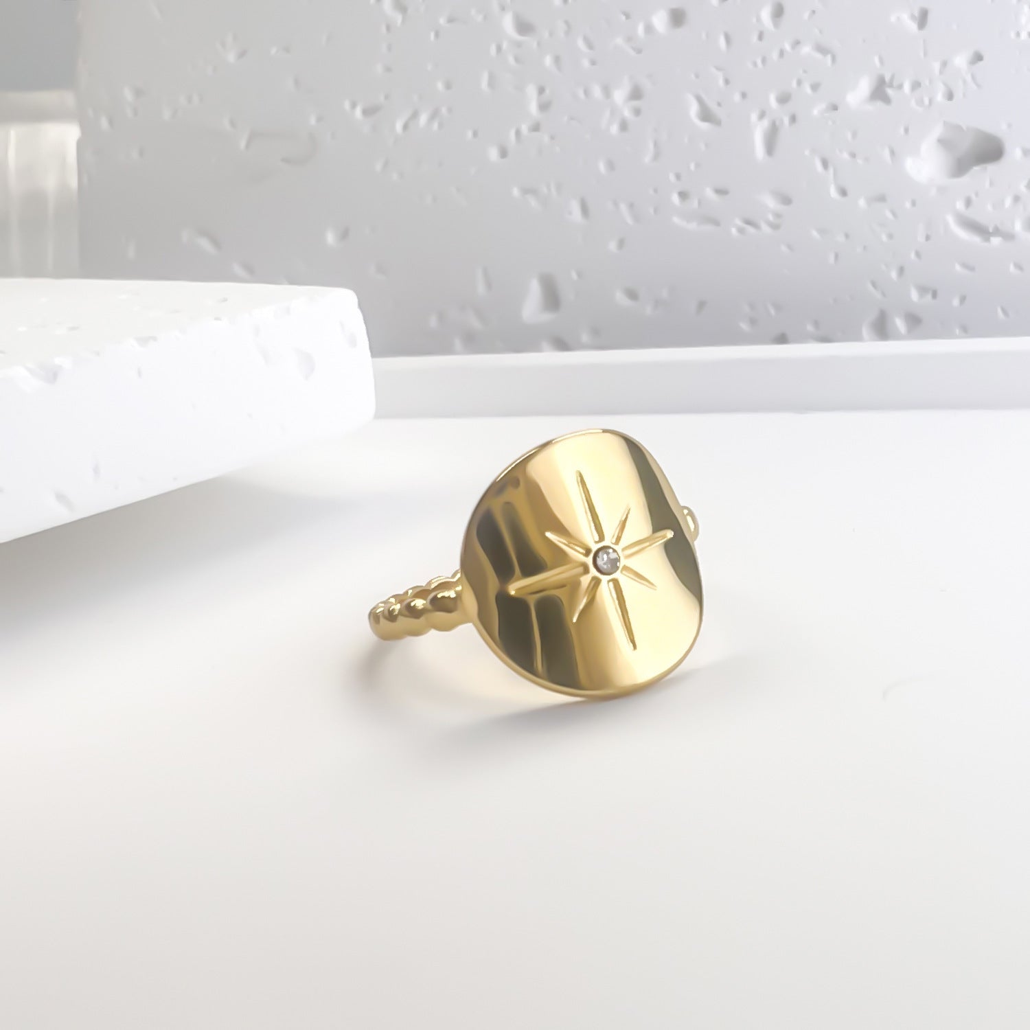 Sun Pattern Octagonal Star Diamond-Encrusted Stainless Steel Ring