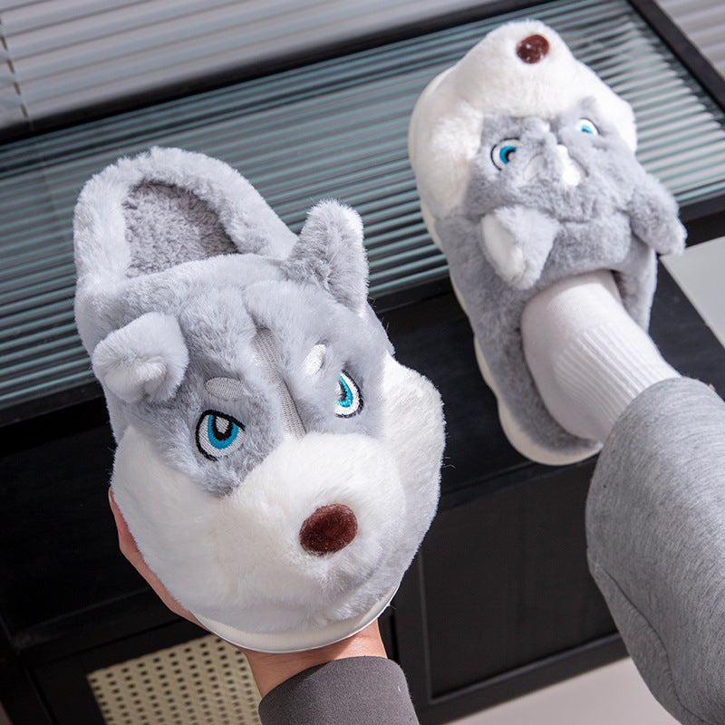 Cute Husky Cartoon Pure Cotton Slippers Men's Style Warm Indoor Slippers For Winter Home Use