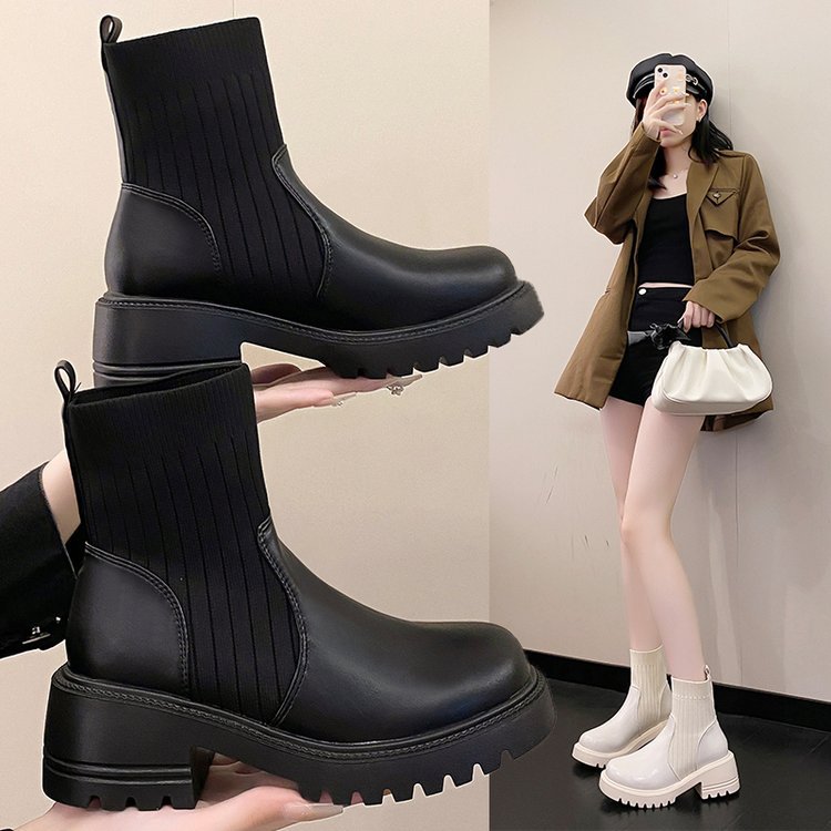Women's Knitted Patchwork Chunky-sole Square-heeled Booties