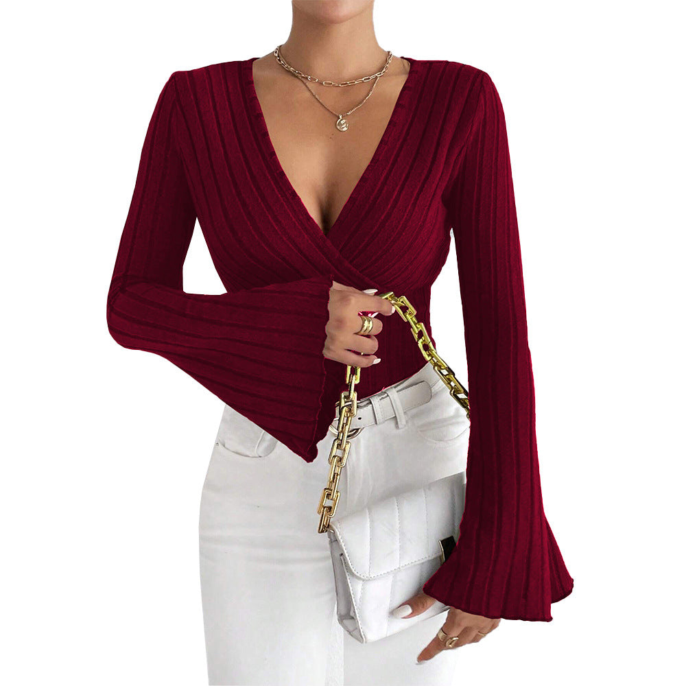 V-neck Flared Sleeve Wine Red T-shirt Slim-fitting Base Layer Top
