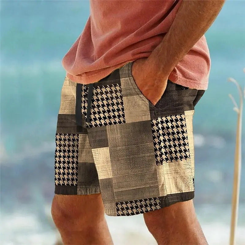 Men's Hawaiian 3D Plaid Print Beach Shorts