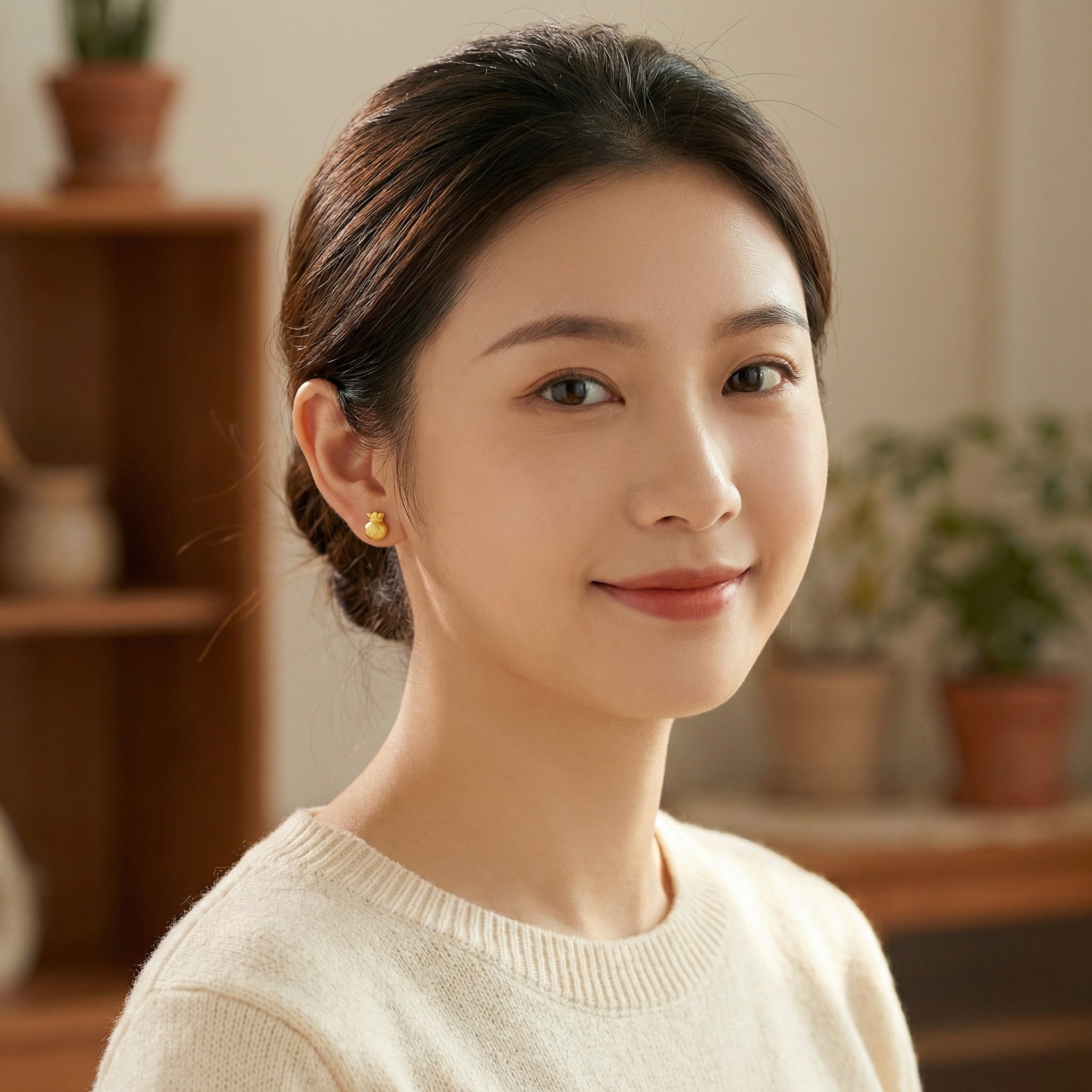 925 Sterling Silver Prosperity Money Bag Studs with Red Fu Character Blessing