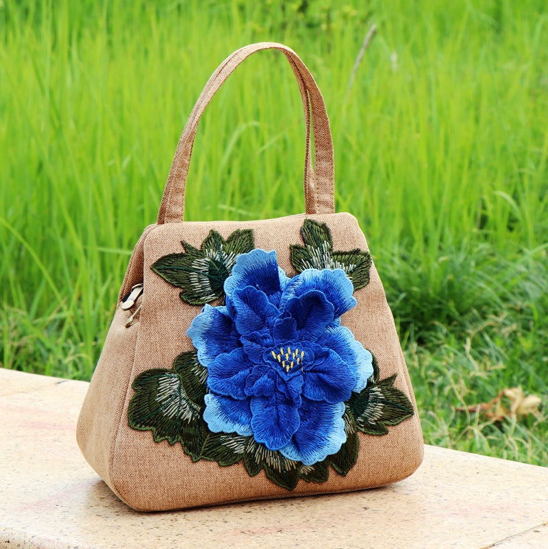 Ethnic-style Embroidered Floral Bag, Canvas Casual Bag, Handbag