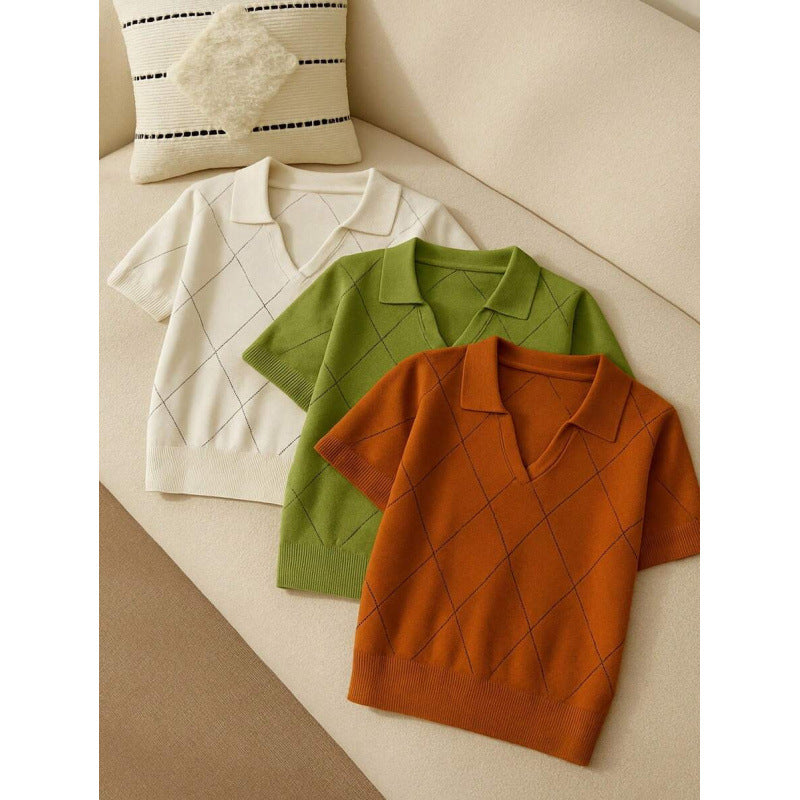 Women's Polo-Neck Diamond-Knit Short-Sleeve Pullover