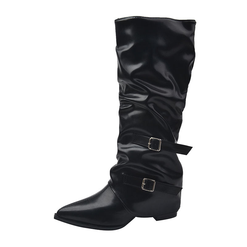 Women's Niche-design Leather-buckle High-rise Riding Boots