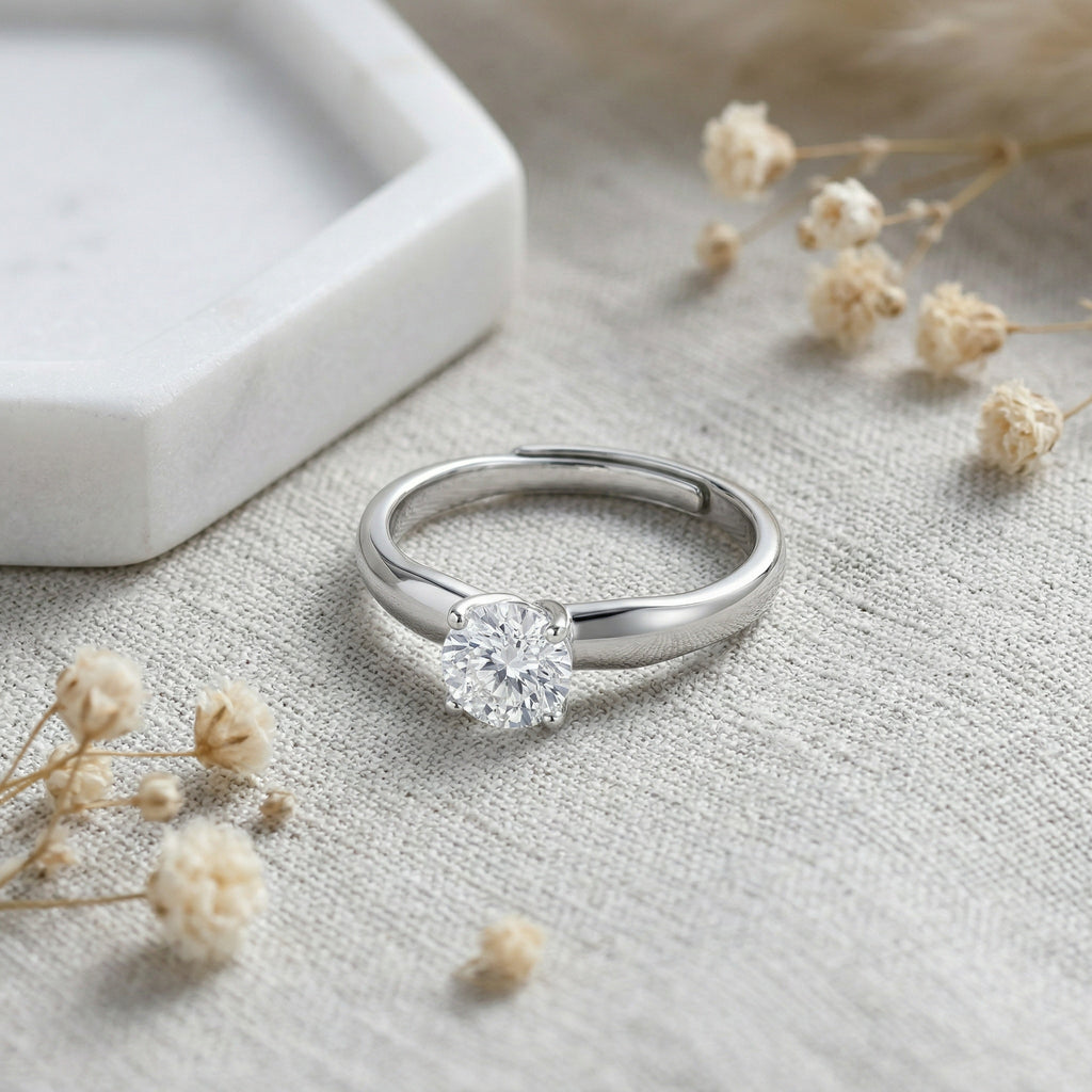 925 Sterling Silver Elegant Round Brilliant Solitaire Engagement Ring with Adjustable Sterling Silver Band