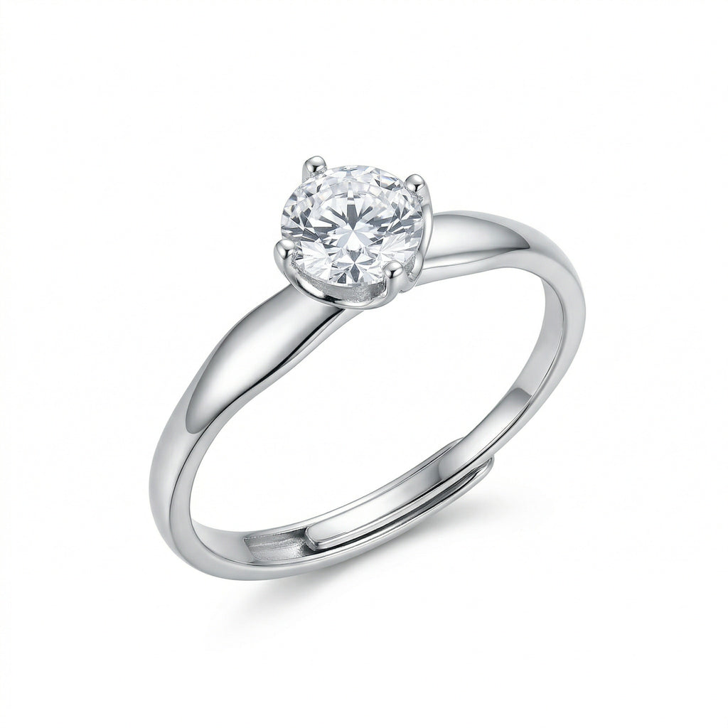 925 Sterling Silver Elegant Round Brilliant Solitaire Engagement Ring with Adjustable Sterling Silver Band