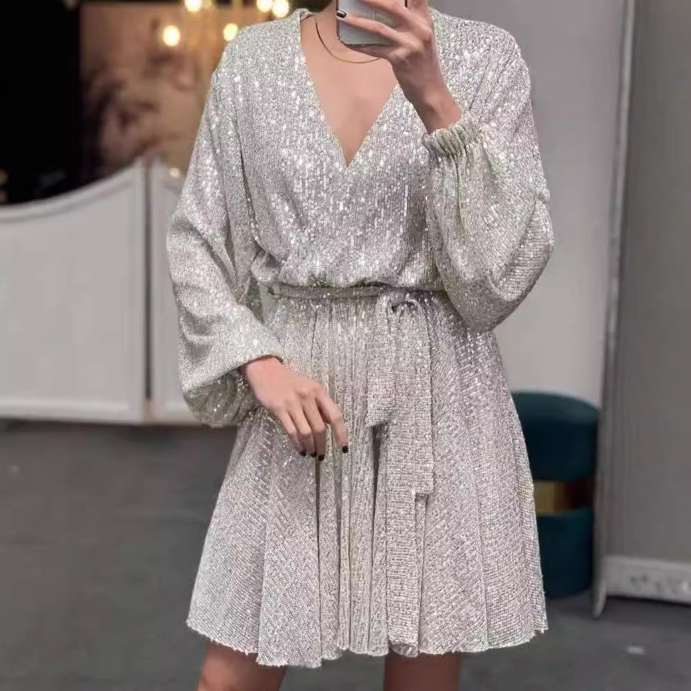 Women's Casual Versatile Solid Color V-Neck Sequin Dress