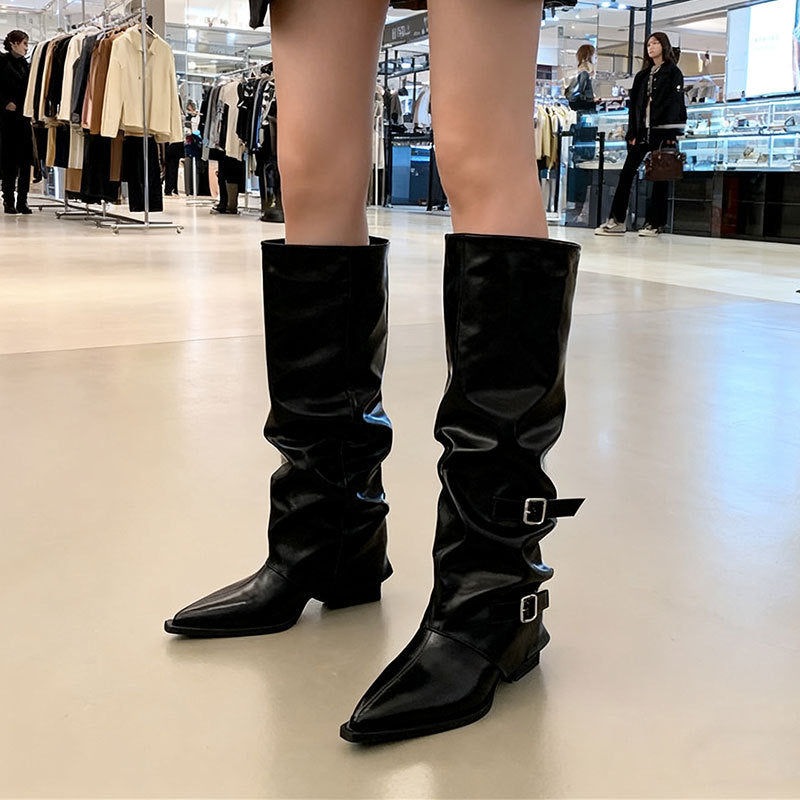 Women's Niche-design Leather-buckle High-rise Riding Boots