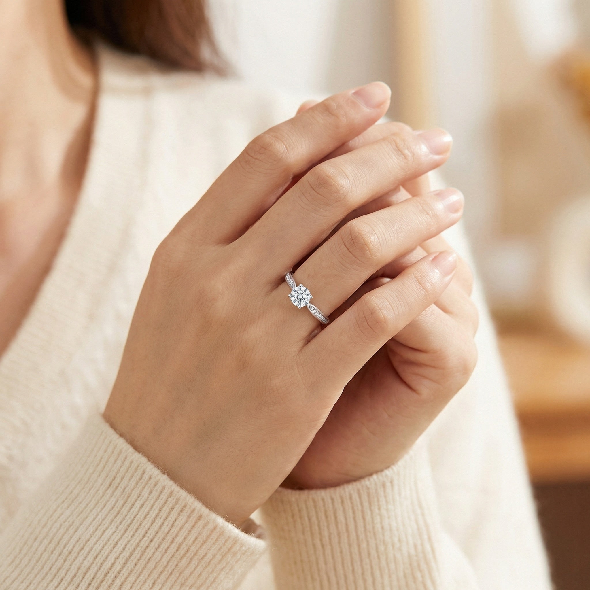 925 Sterling Silver Elegant Round Cut Solitaire Ring with Sparkling Diamond Accents and Adjustable Band