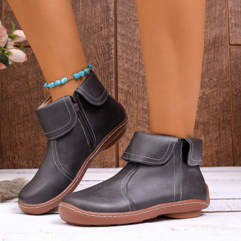 Round-Toe Side-Zip Short-Boot Martin Boots With Stitched Edges