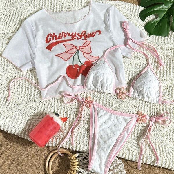 European And American-style Short-sleeve Cover-up Three-piece Bikini Set With A Finalized Print And Lace-up Details