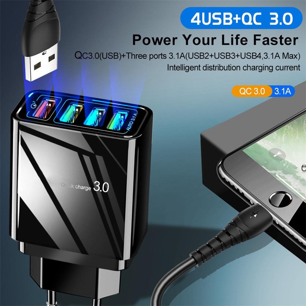 Caricabatterie per cellulare illuminato 4USB con testina di ricarica 3A