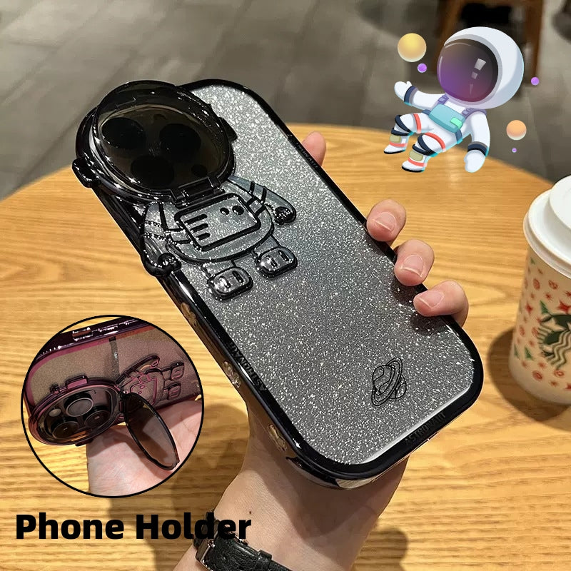 Custodia per telefono con supporto per fotocamera Astronauta glitterata per I14 13 12 11 Pro Max XR 14 Plus, supporto per obiettivo invisibile, placcatura morbida
