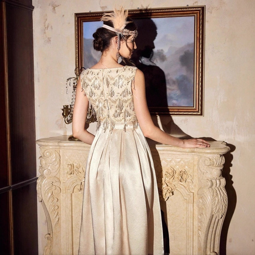 European And American-style Satin Sequin Long Evening Gown