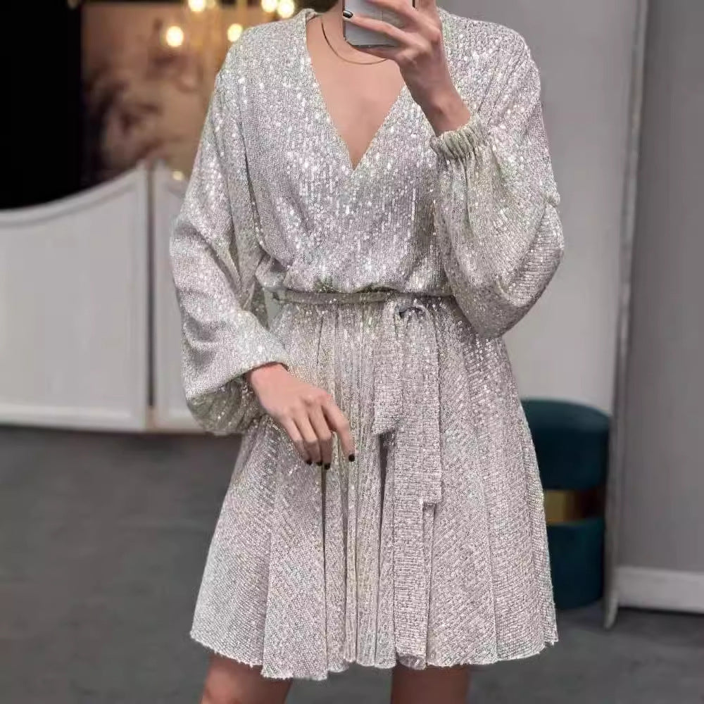 Women's Casual Versatile Solid Color V-Neck Sequin Dress