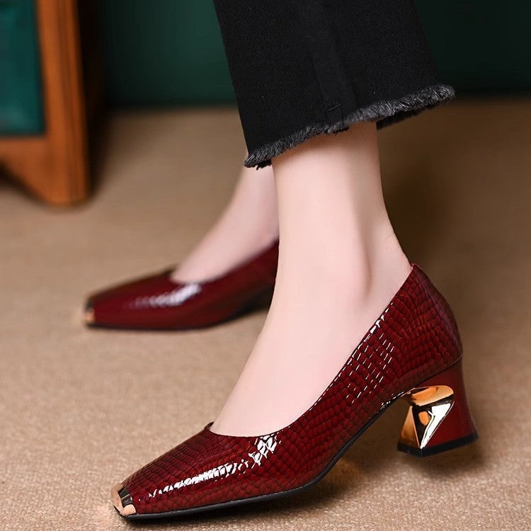 Women's French-style Snake-pattern Chunky-heel Versatile Soft-soled Leather Shoes