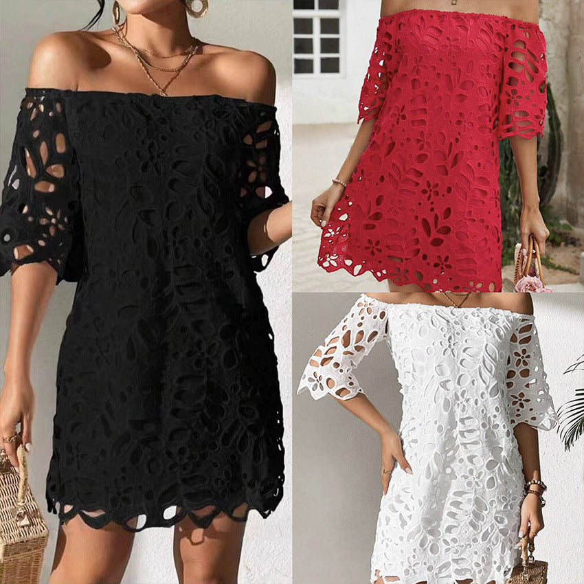 Women's Solid Color Tube Top One Shoulder Hollow Lace Dress