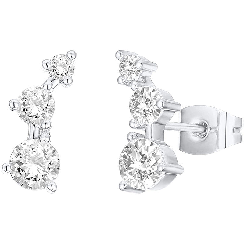 Three-diamond Zircon Stud Earrings With A Curved Design