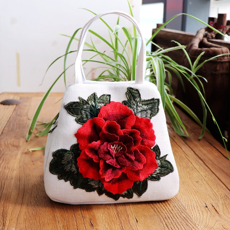 Ethnic-style Embroidered Floral Bag, Canvas Casual Bag, Handbag