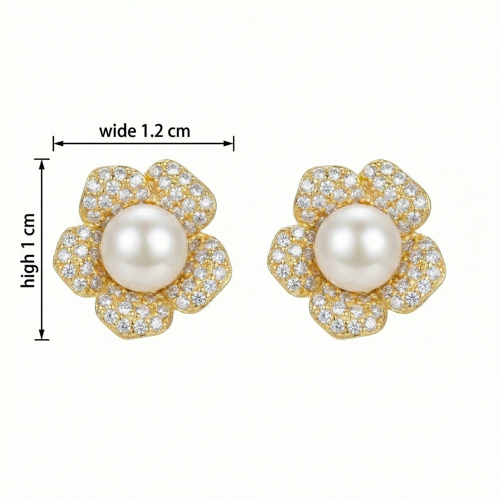 925 Sterling Silver Elegant Flower-Shaped Cultured Pearl and Sparkling Cubic Zirconia Stud Earrings