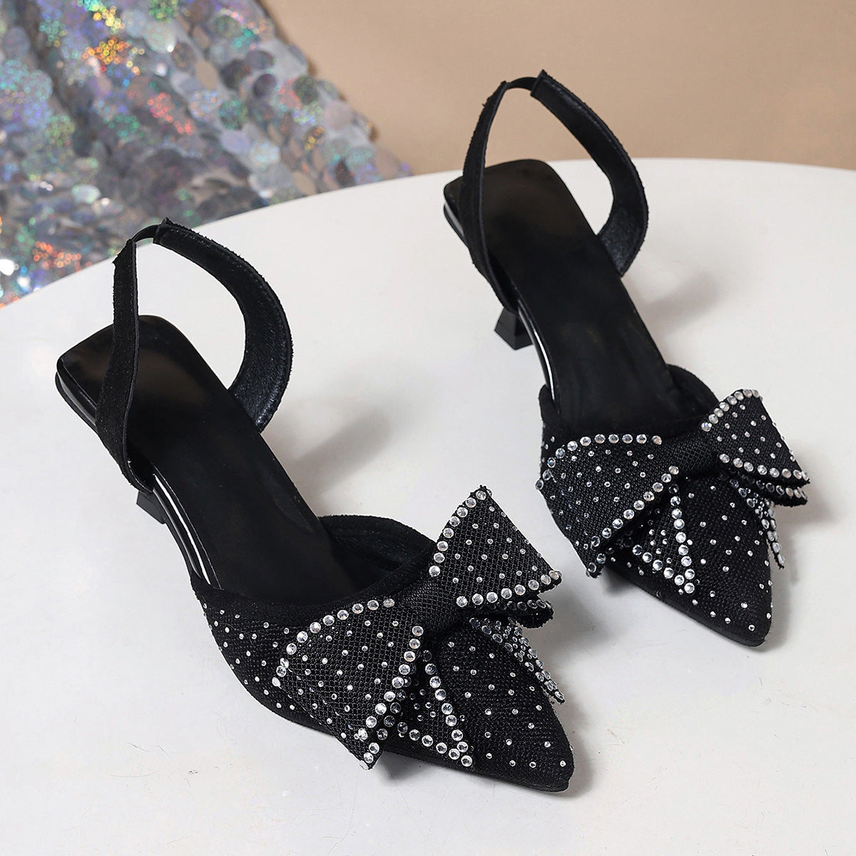 Elegant Rhinestone Pointed Toe Bow High Heels