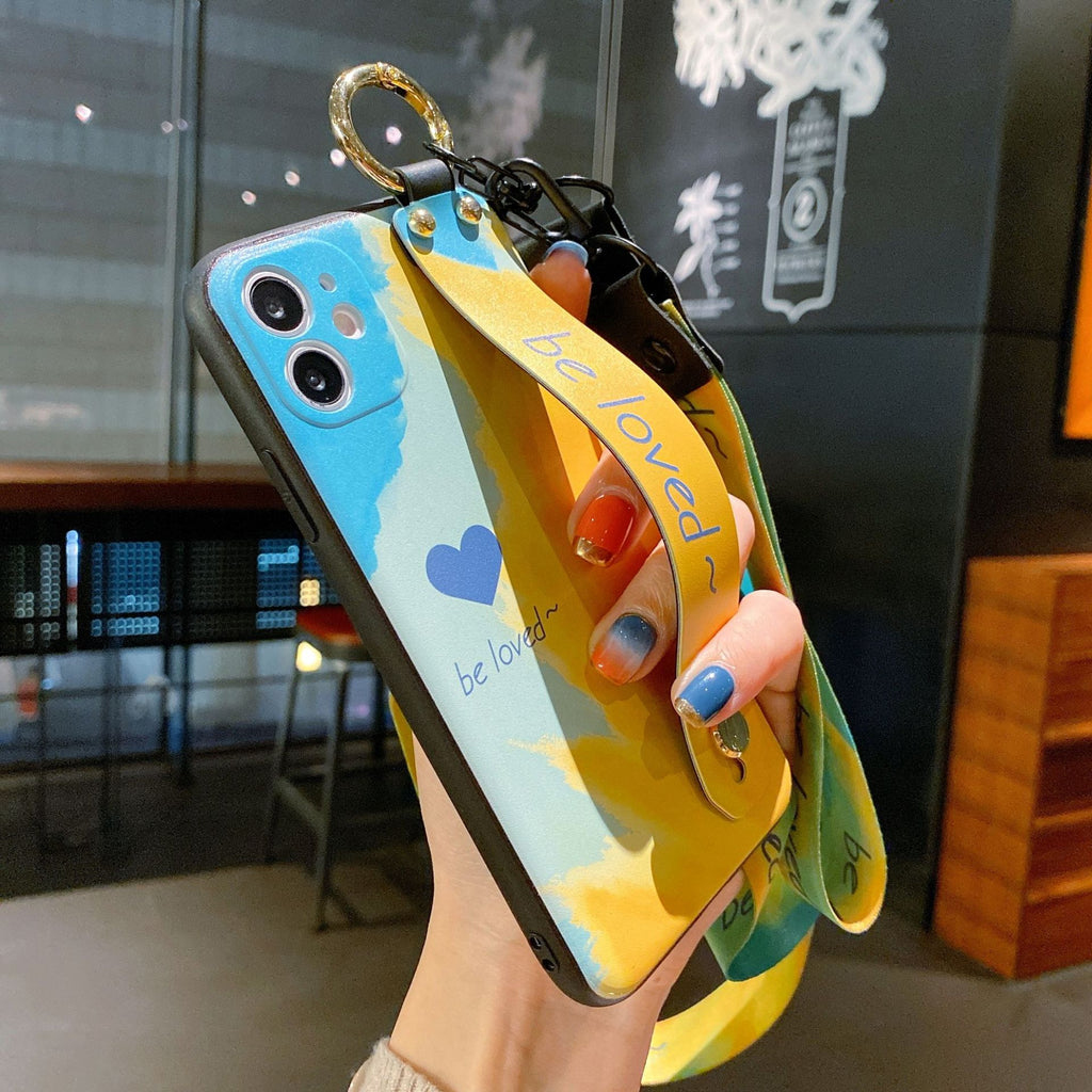 Custodia per telefono con cinturino da polso e custodia per telefono con motivo acquerello
