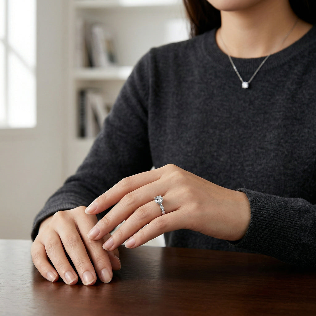 925 Sterling Silver Elegant Round Brilliant Diamond Engagement Ring with Hidden Halo and Pavé Band