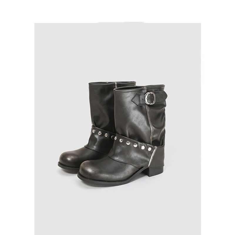 Women's Rivet Pleated Slouch Boots Martin