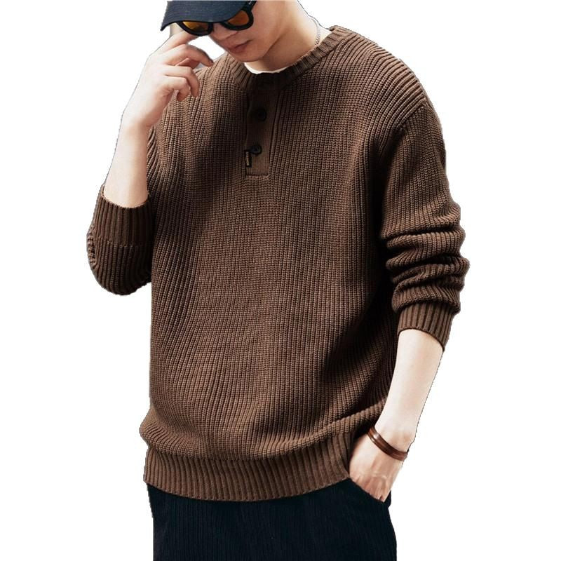 Vintage-style, Relaxed-fit, Thickened Vertical-striped Workwear Pullover Sweater TRENDFLOW
