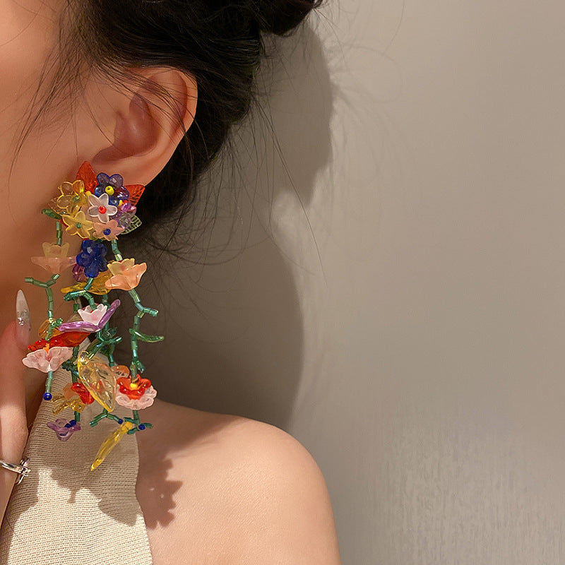 Colorful Flower Dangle Earrings For Women 925 Sterling Silver Post Statement Floral Acrylic Beaded Long Drop Earrings Fashion Jewelry