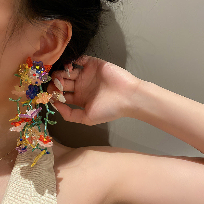 Colorful Flower Dangle Earrings For Women 925 Sterling Silver Post Statement Floral Acrylic Beaded Long Drop Earrings Fashion Jewelry