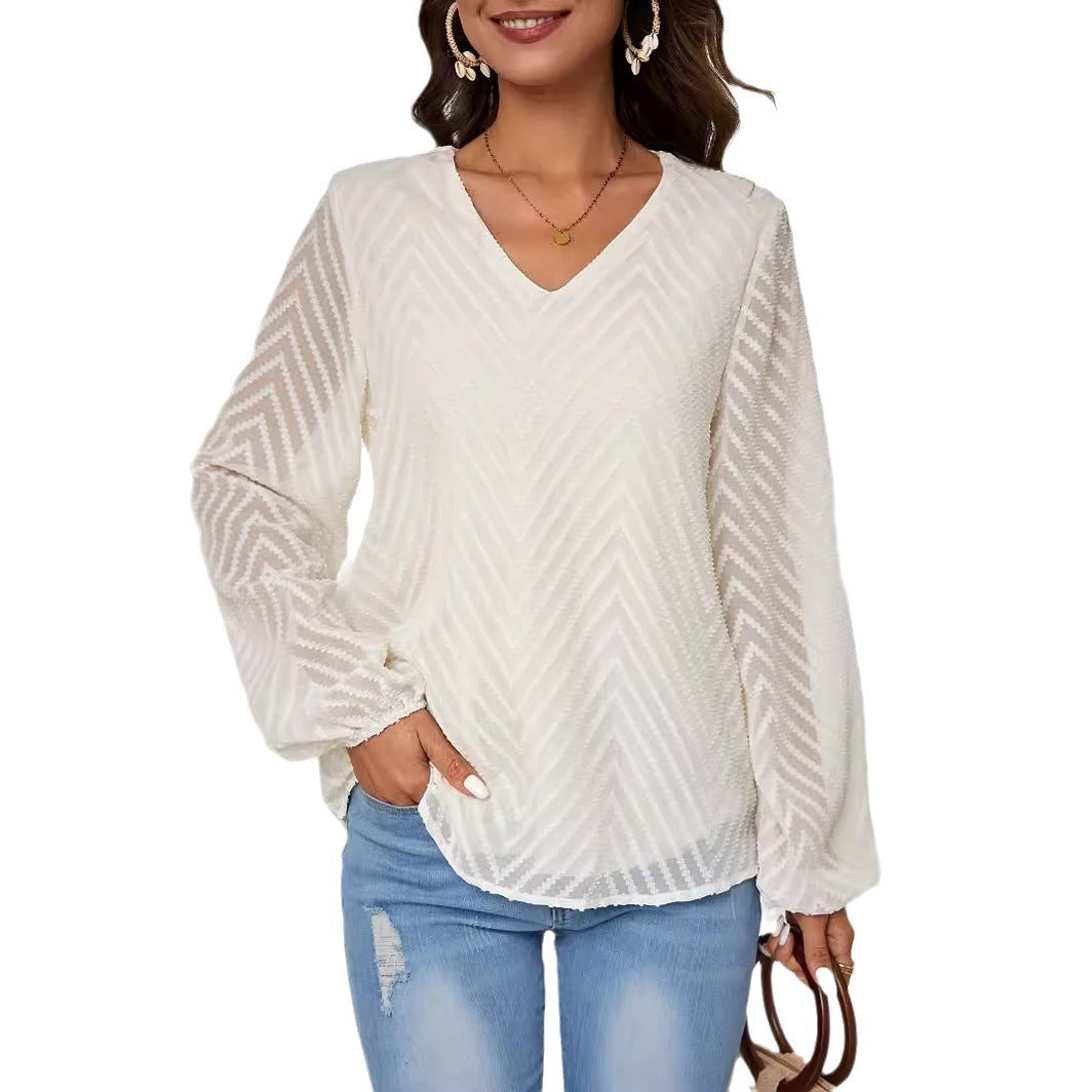 Women's Fashion V-Neck Geometric Jacquard Lantern Long Sleeve Shirt