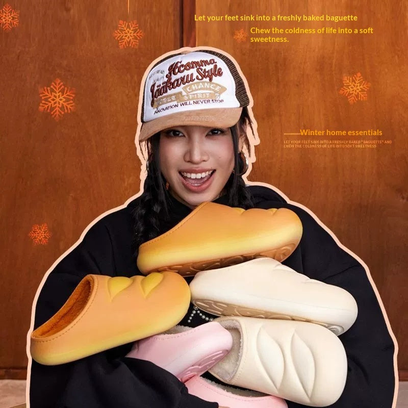 Women's Indoor Slippers With Bread-shaped Plush Lining And Soft Soles