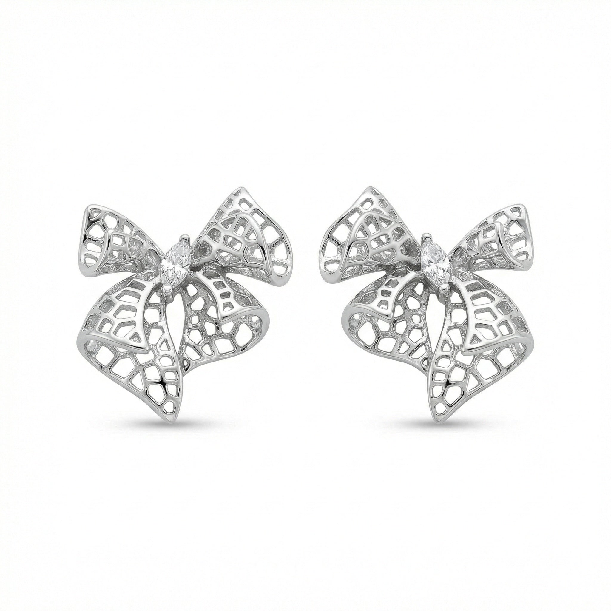 925 Sterling Silver Elegant Silver Filigree Bow Knot Stud Earrings with Sparkling Marquise Zirconia Center