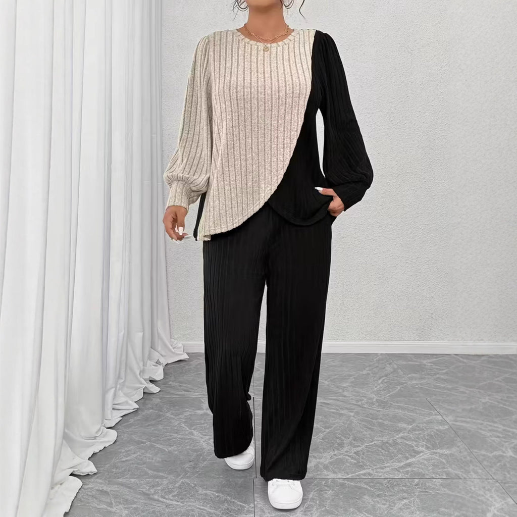 Women's Set Crew-neck Colorblock Top With Asymmetrical Hem Straight-leg Trousers