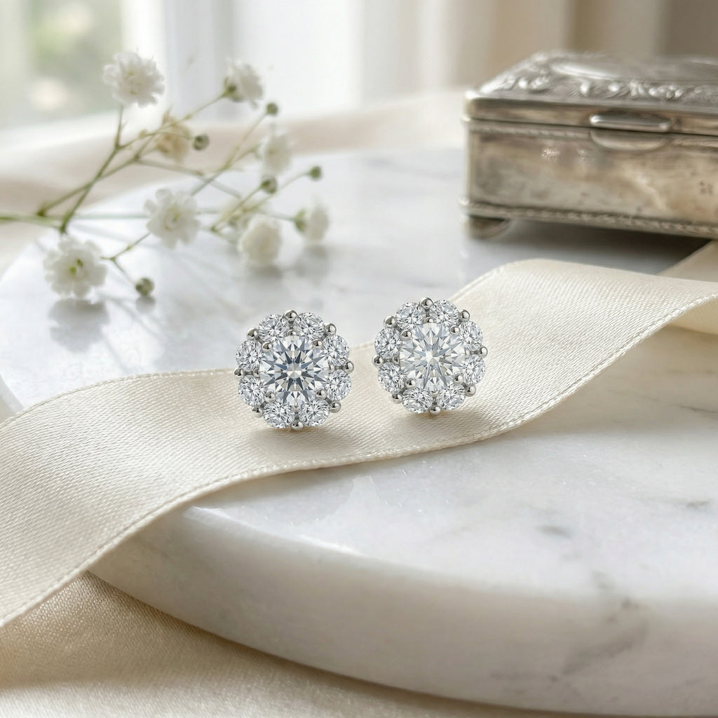 925 Sterling Silver Elegant Round Brilliant Diamond Halo Stud Earrings in Polished White Metal