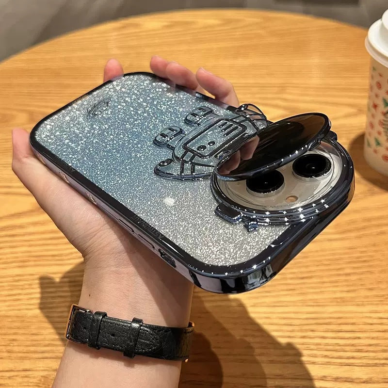 Custodia per telefono con supporto per fotocamera Astronauta glitterata per I14 13 12 11 Pro Max XR 14 Plus, supporto per obiettivo invisibile, placcatura morbida