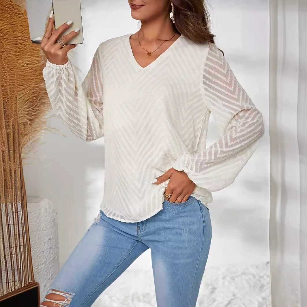 Women's Fashion V-Neck Geometric Jacquard Lantern Long Sleeve Shirt
