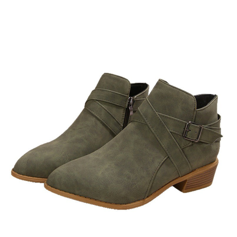 Fashionable Chunky-Heel Leather Belt-Clasp Side-Zip Ankle Boots