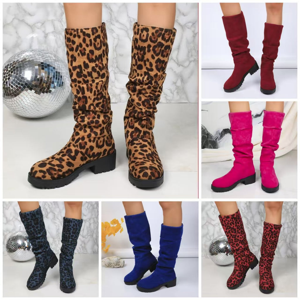 Leopard-print Suede Block-heeled Versatile Pleated Booties